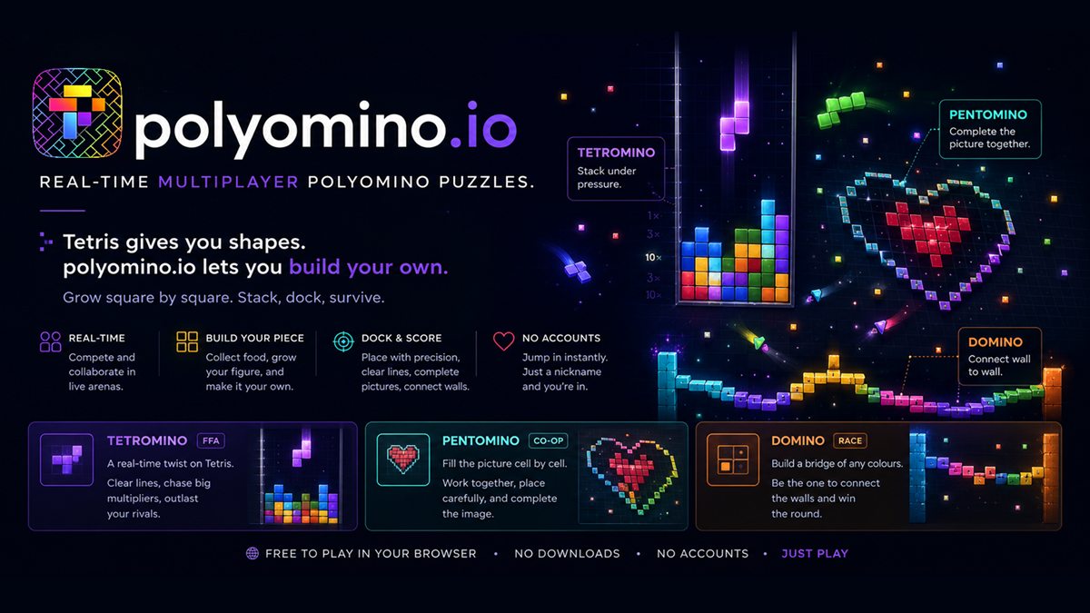 polyomino.io banner: real-time multiplayer polyomino puzzles